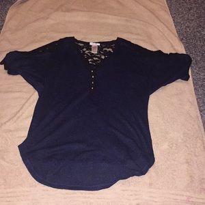 Cache Blue and black Cold shoulder top